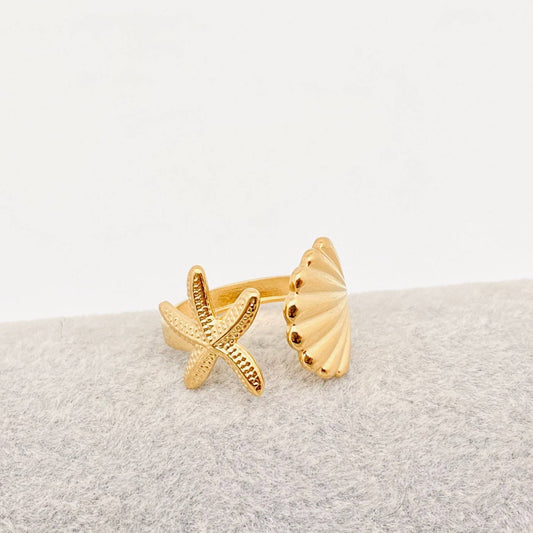 Starfish & Shell 18K Gold Plated Ring