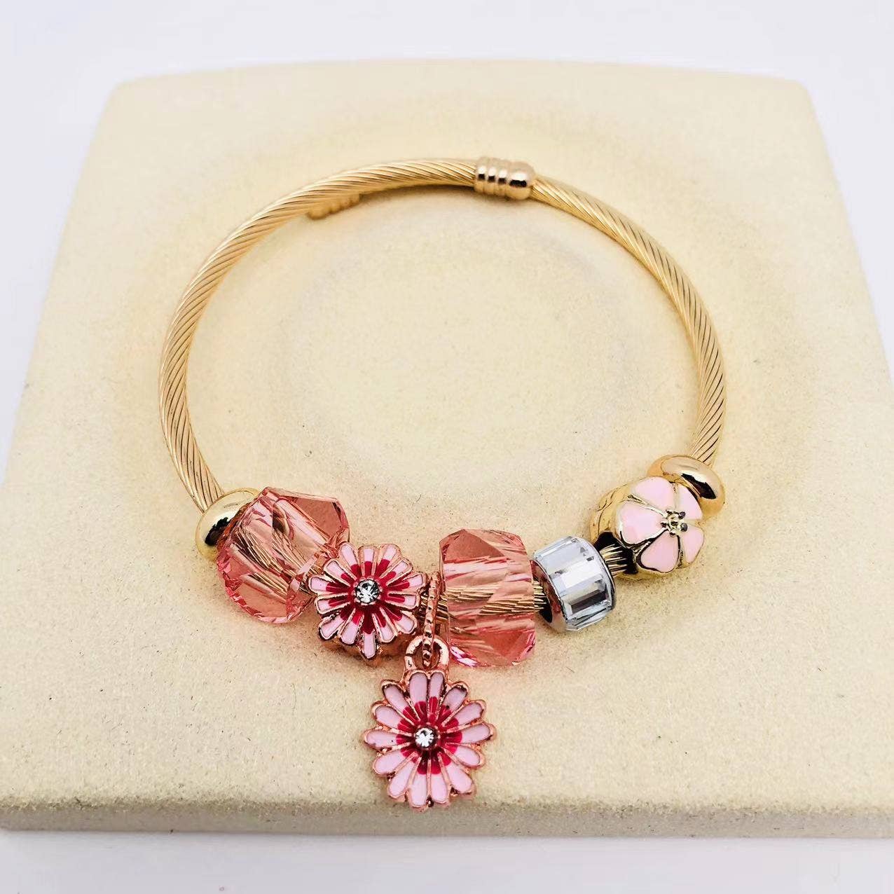 Vintage Women Flower Charm Bangle Bracelet