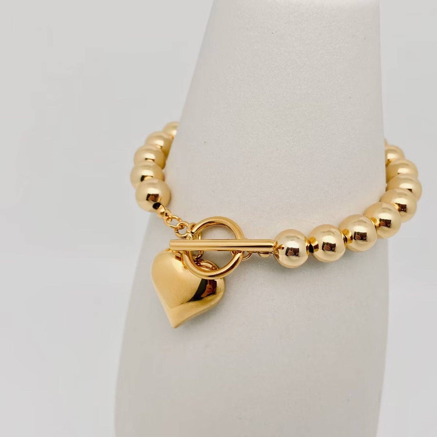 Heart Charm 18K Gold Plated 8MM Beads Chain Bracelet