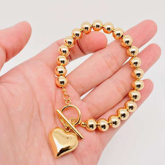 Heart Charm 18K Gold Plated 8MM Beads Chain Bracelet