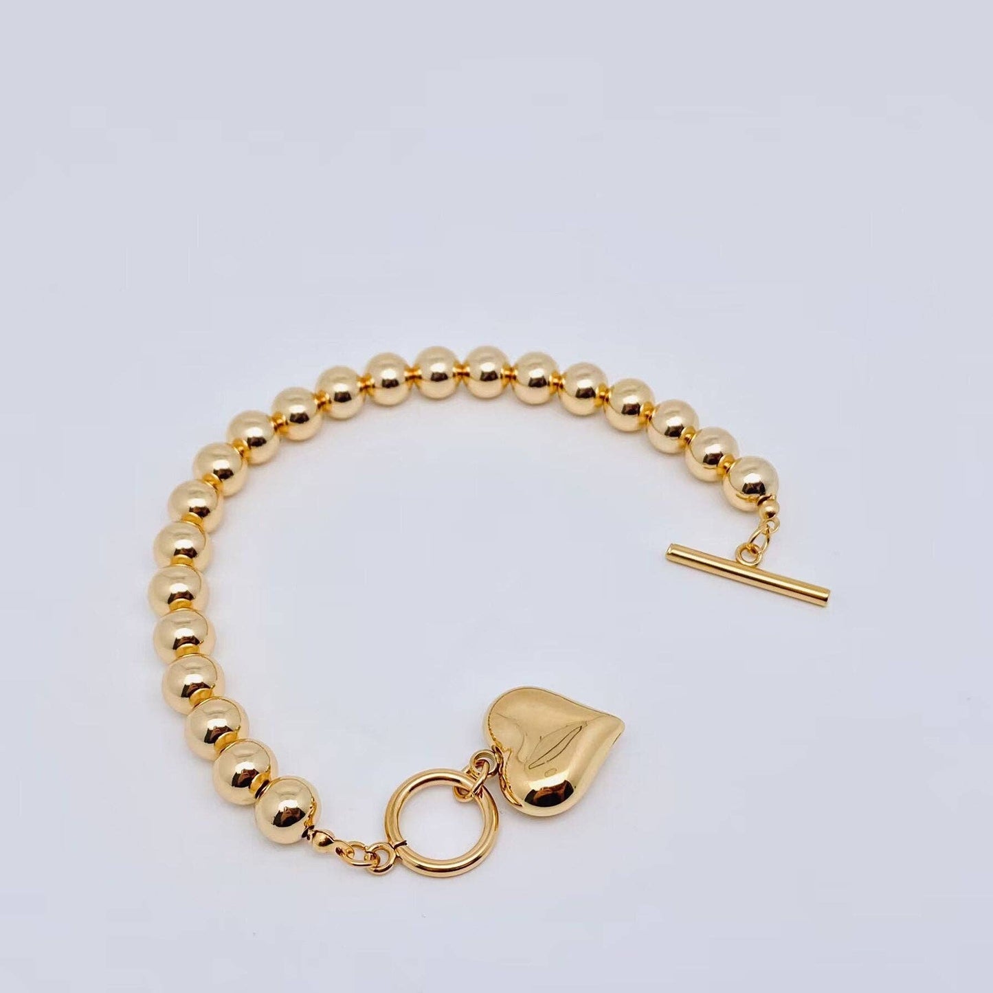 Heart Charm 18K Gold Plated 8MM Beads Chain Bracelet