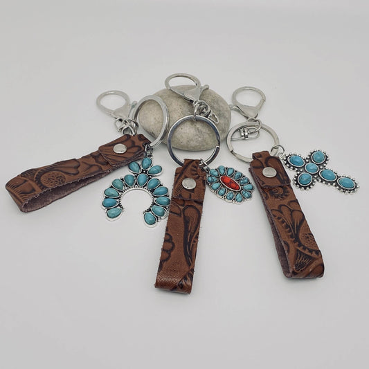 Leather Western Style Turquoise Pendant Keychains