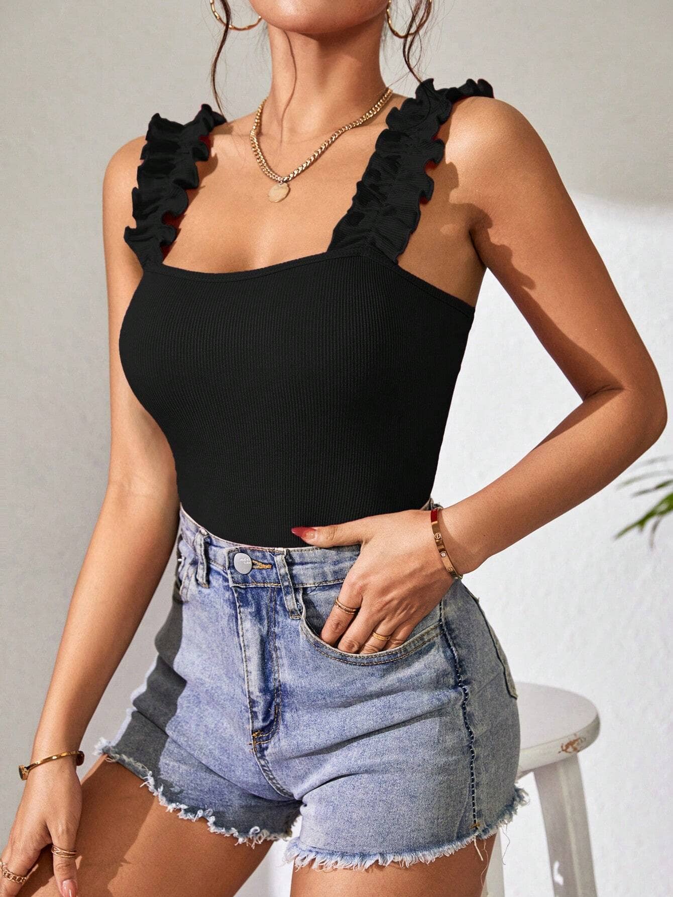 Black Knitted Ruffle Bodysuit